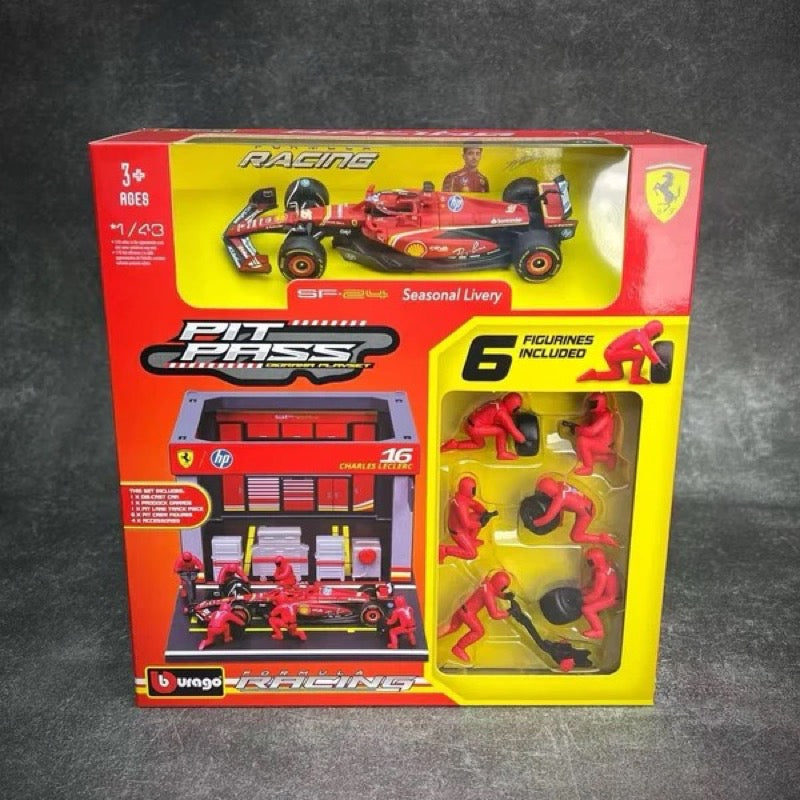 Bburago 36862 1/43 2024 Ferrari No.16 Charles Leclerc Pit Pass Competition Set