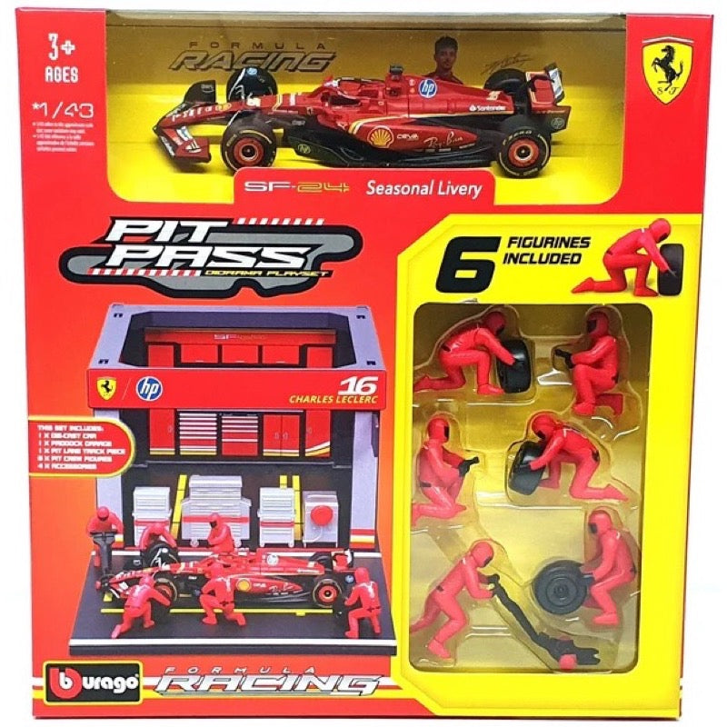 Bburago 36862 1/43 2024 Ferrari No.16 Charles Leclerc Pit Pass Competition Set
