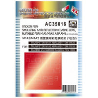 Packaging for AFV AC35016 1/35 Ref. Coat for M1A1/A2 Abrams, showing the product name and number, suitable for Trumpeter and Academy tank model kits.