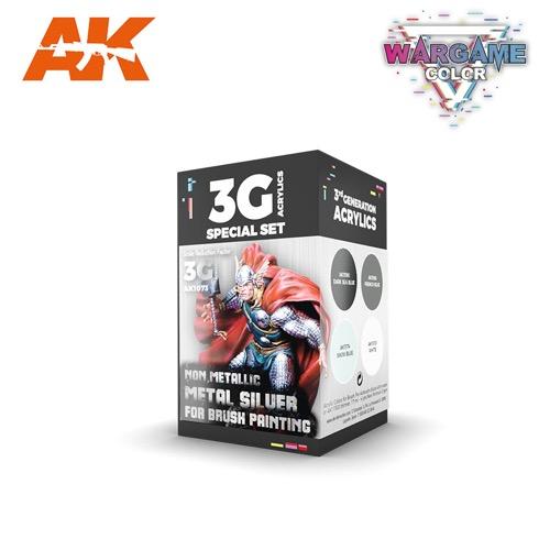 AK Interactive AK1073 Wargame Color Non Metallical Metal Silver with Brush Acrylic Paint Set