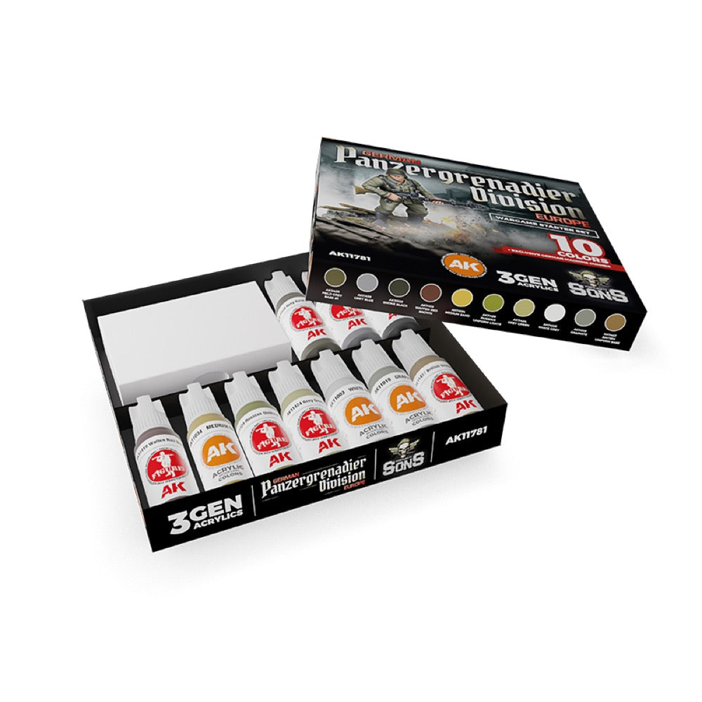AK Interactive AK11781 German Panzergrenadier Division Europe Wargame Starter Set 10 x Acrylic Paint 17ml and Exclusive Figure German Machine Gunner (3rd Generation)
