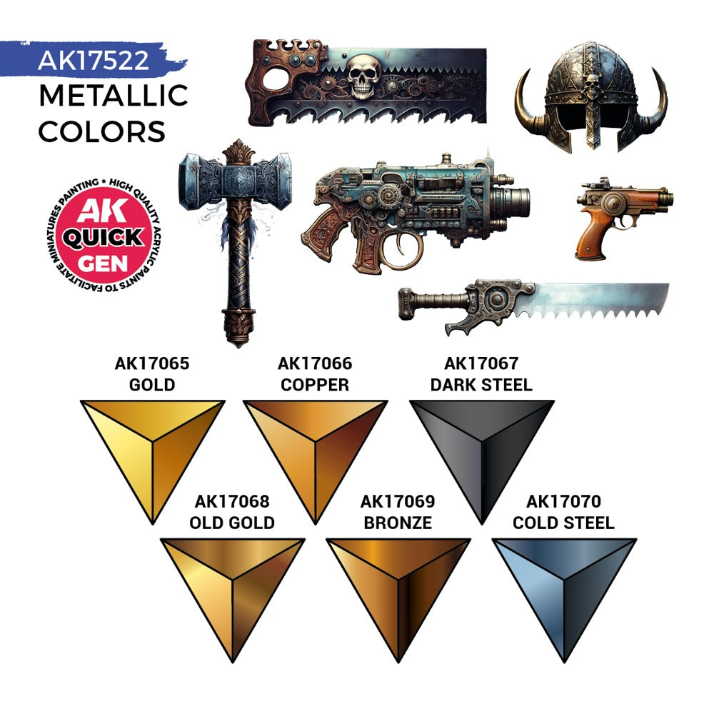AK Interactive 17522 Quick Gen Metallics Acrylic Paint Set 6 Colours
