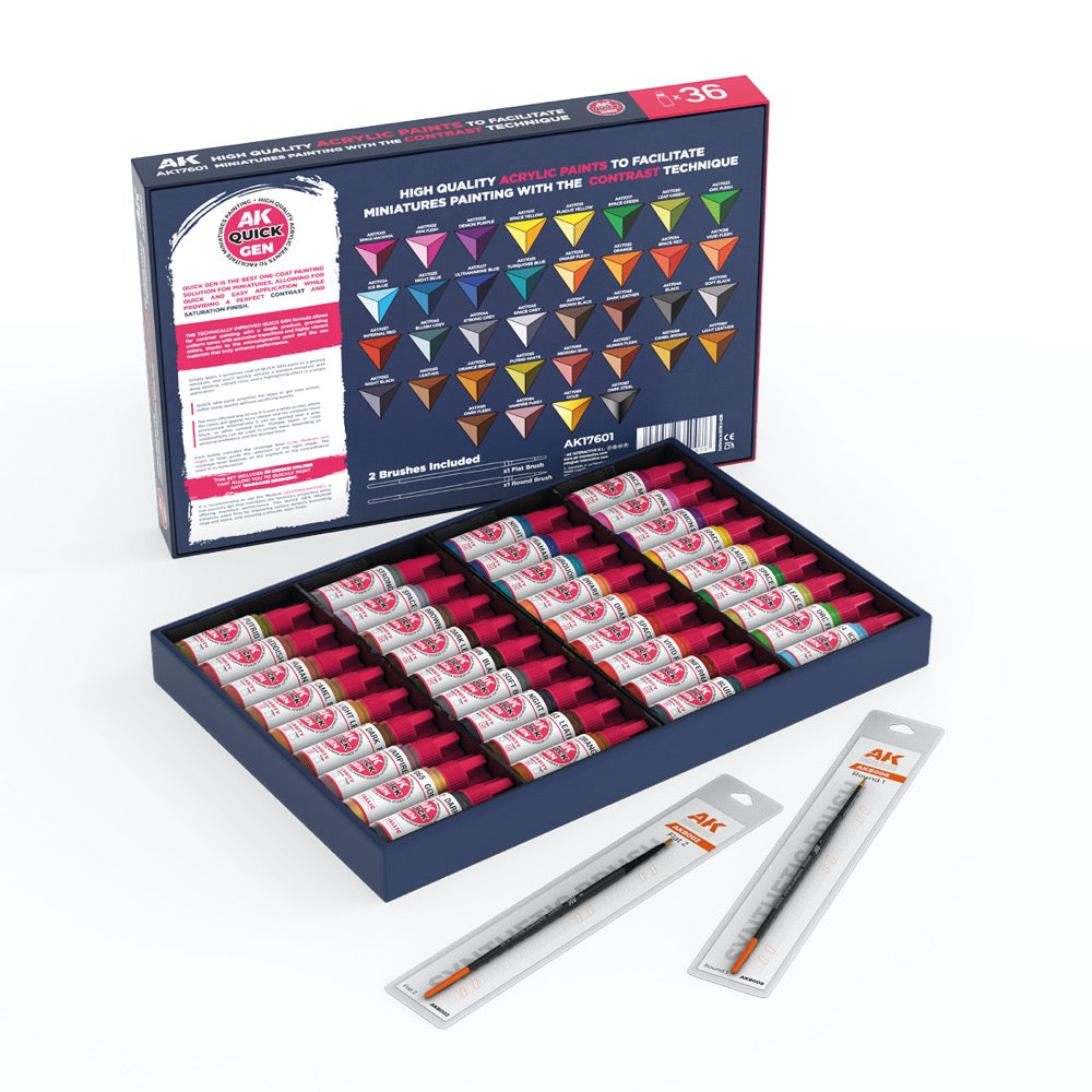 AK Interactive 17601 Quick Gen Quick Paint Set 36 Colours + 2 Brushes