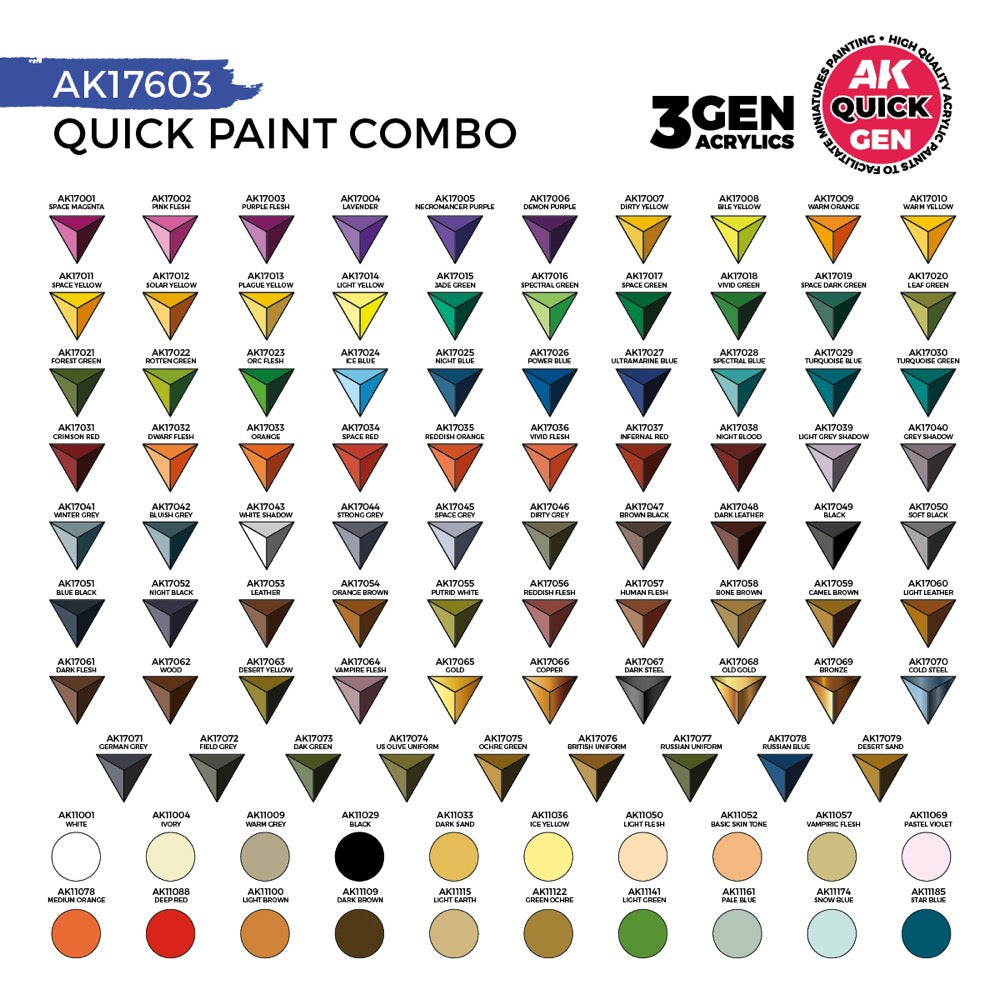 AK Interactive 17603 Quick Gen Combo Set 80 Quick Gen + 20 Acrylic 3Gen + 3 Brushes