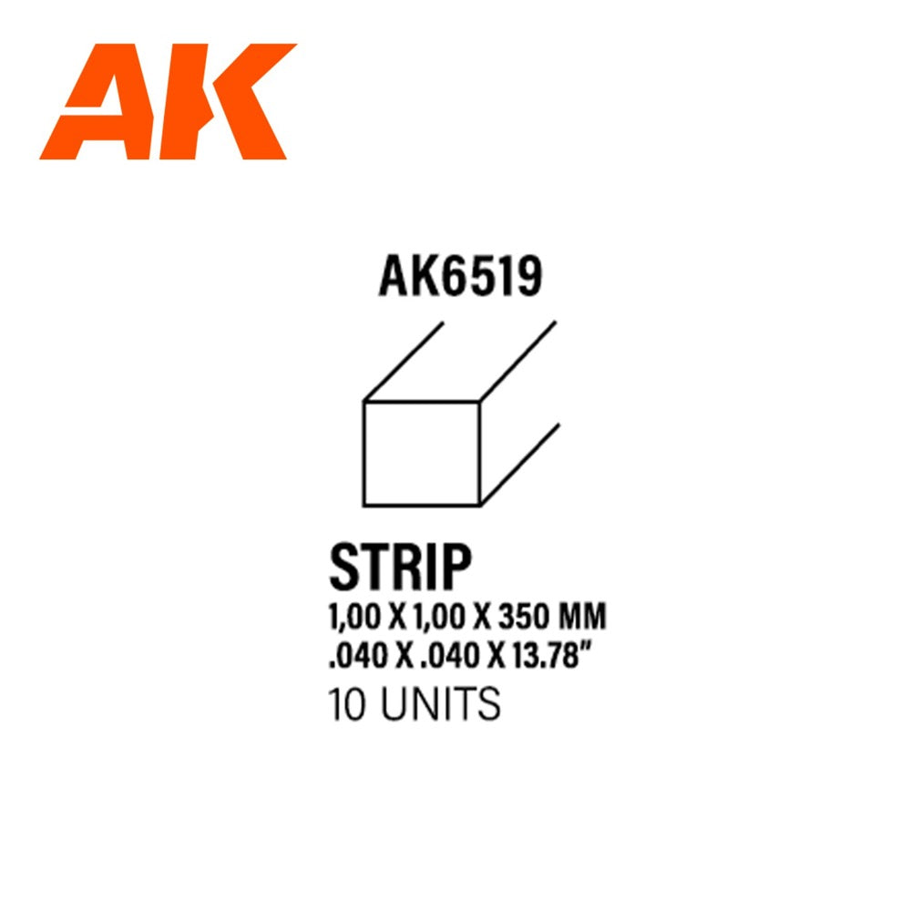 AK Interactive Styrene Strips 1.00 x 1.00 x 350mm (Pack of 10)