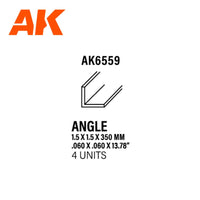 AK Interactive Styrene Angle 1.50 x 1.50 x 350mm (Pack of 4)