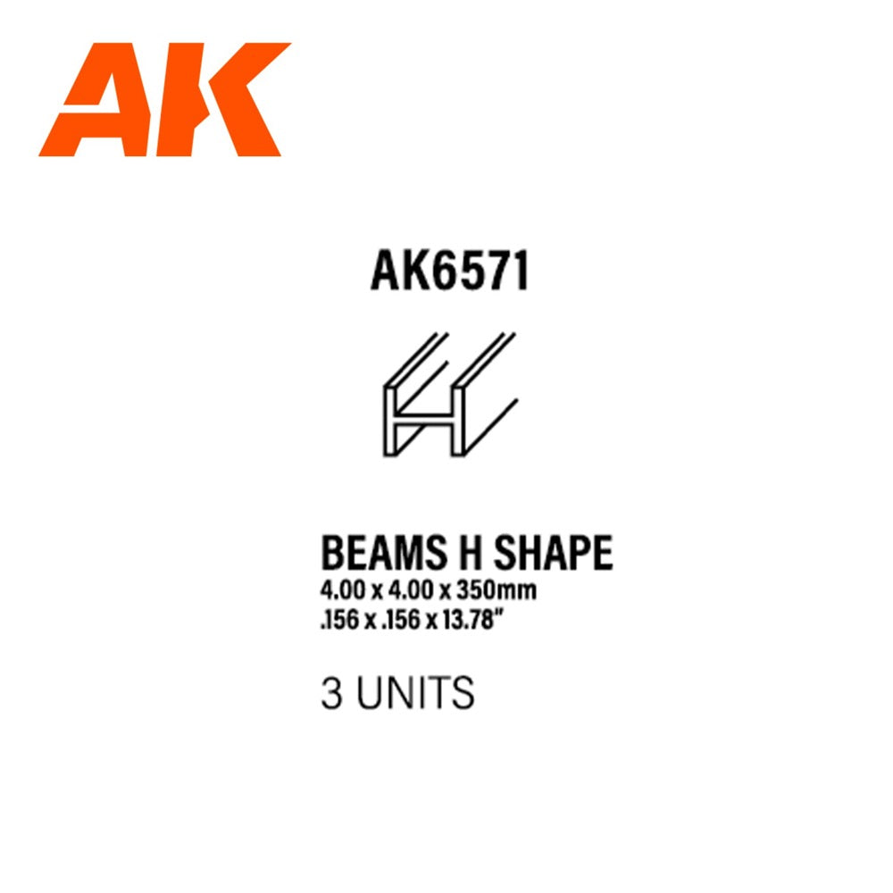 AK Interactive Styrene Beams H Shape 4.0 x 4.0 x 350mm x 3 Units