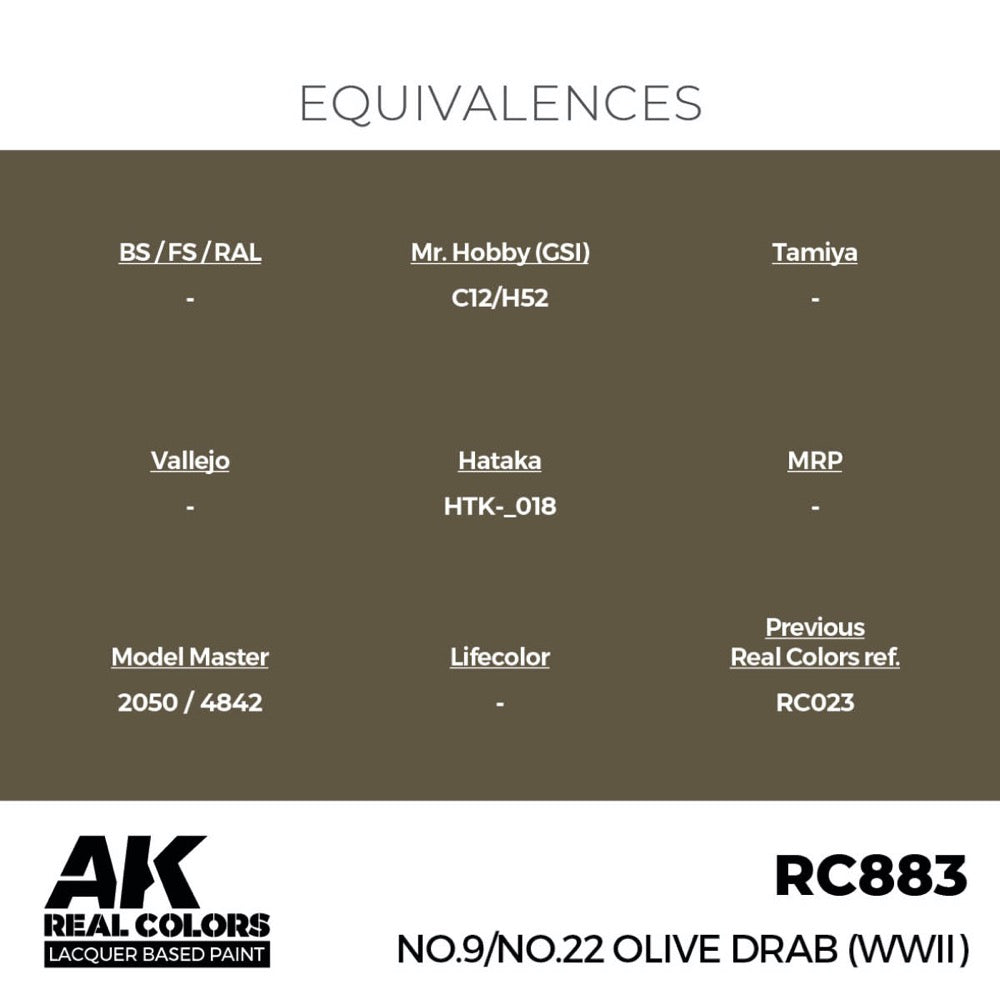 AK Interactive RC883 Real Colors No.9/No.22 Olive Drab WWII 17ml Lacquer Paint