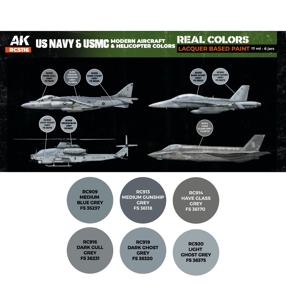 AK Interactive RCS116 Real Colors Set US Navy & USMC Modern Aircraft & Helicopter Colours