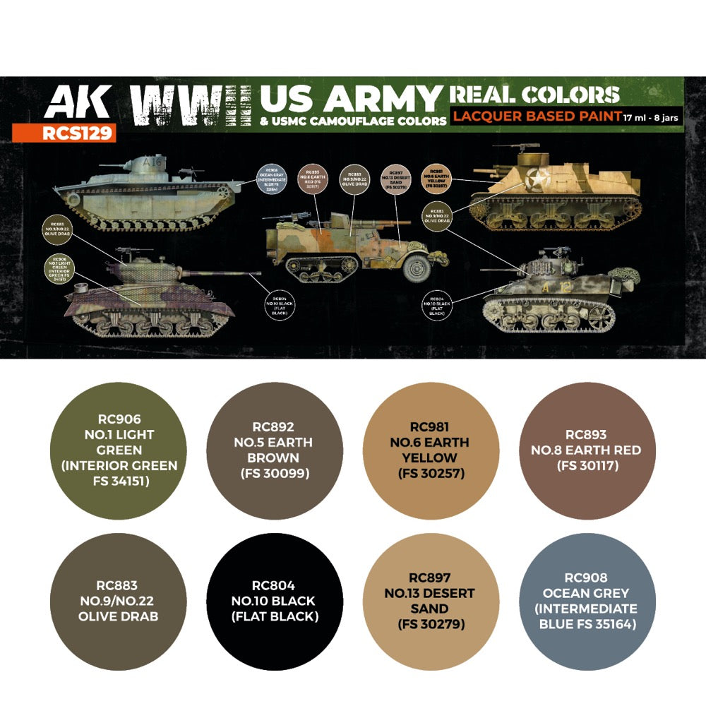 AK Interactive RCS129 Real Colors Set WWII US Army & USMC Camouflage Colours