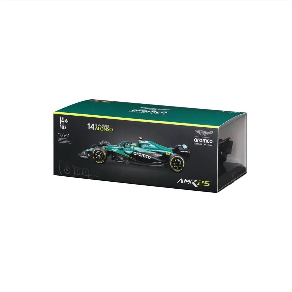 Bburago 28070A 1/24 Aston Martin AMR 25 No.14 Fernando Alonso with Helmet and Showcase