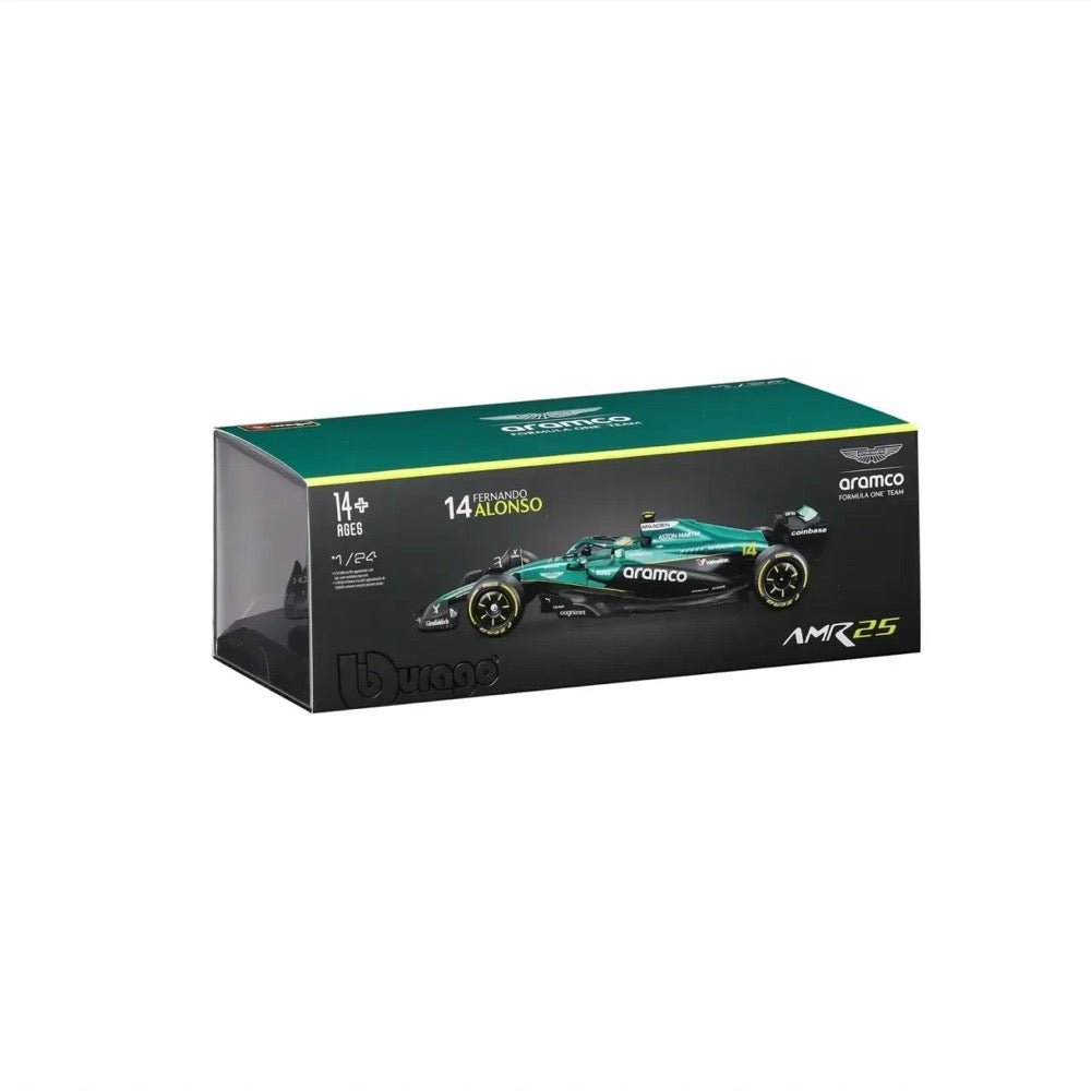 Bburago 28070A 1/24 Aston Martin AMR 25 No.14 Fernando Alonso with Helmet and Showcase