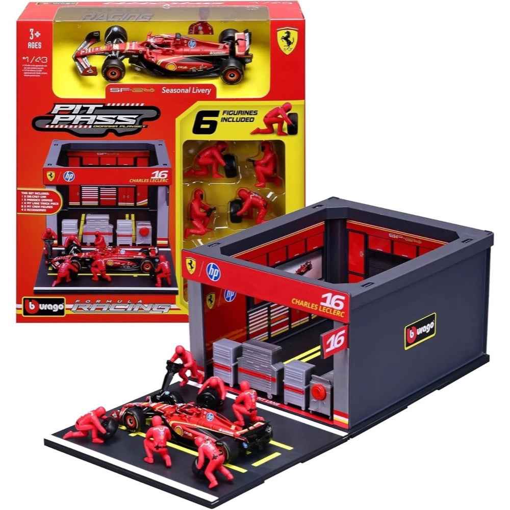 Bburago 36862 1/43 2024 Ferrari No.16 Charles Leclerc Pit Pass Competition Set