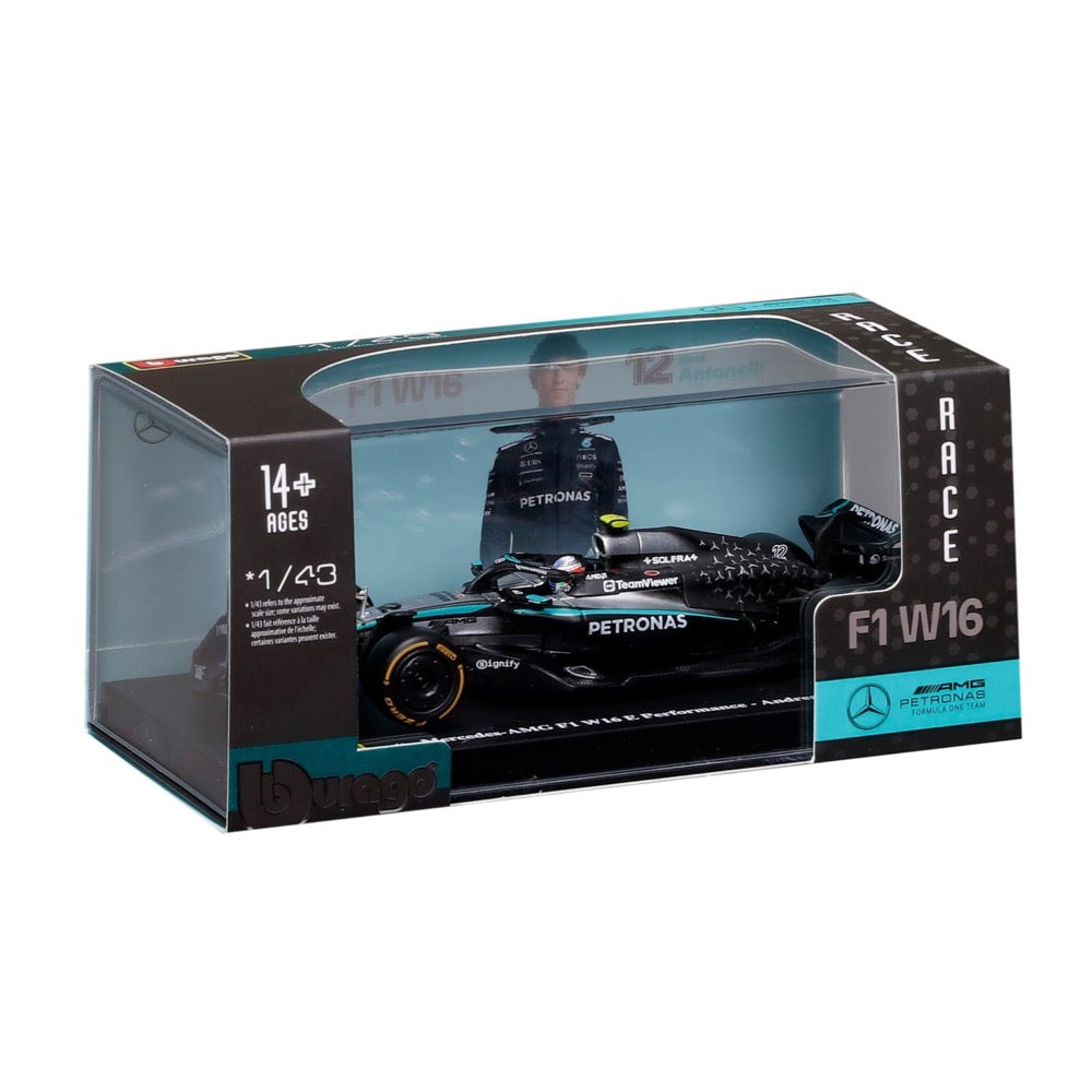 Bburago 38238A 1/43 Mercedes W16 No.12 Andrea Kimi Antonelli with Helmet and Showcase