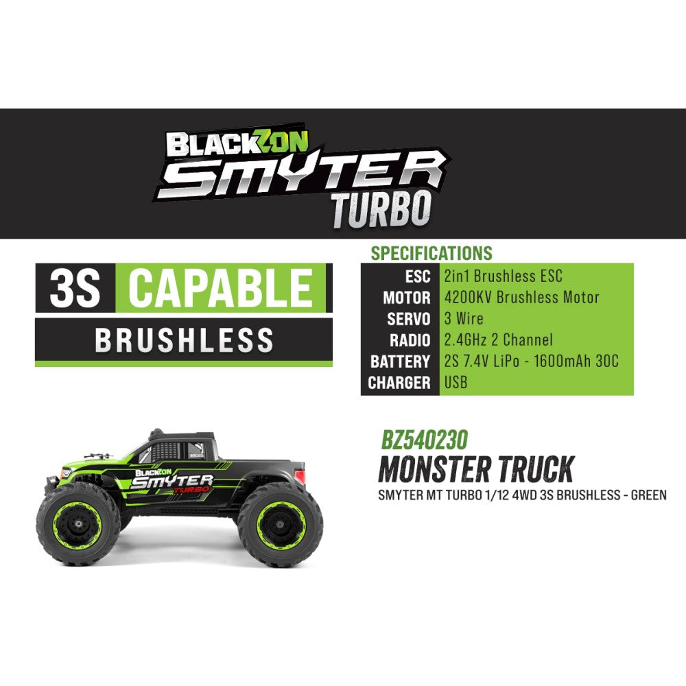 BlackZon Smyter Turbo MT 1/12 4WD 3S Brushless Monster Truck Green BZ540230