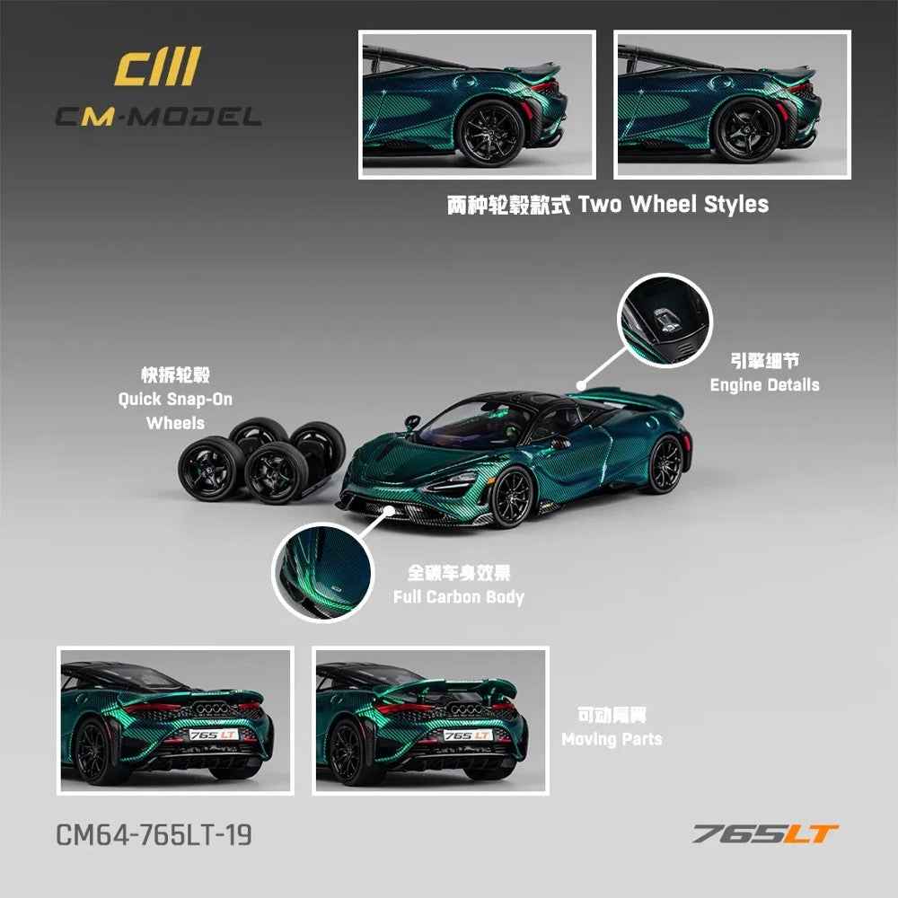 CM Model 64-765LT-19 1/64 Mclaren 765LT Chrome Green Full Carbon