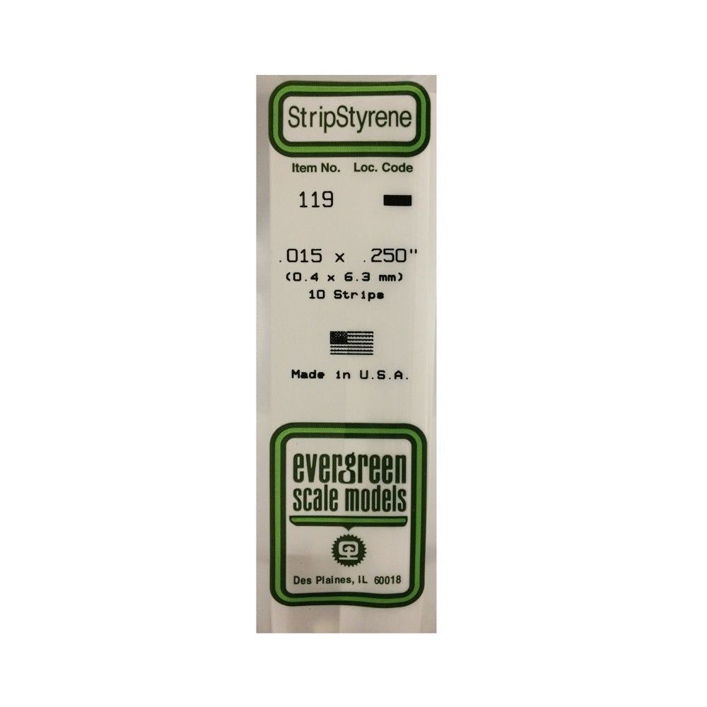 Evergreen 00119 Styrene Strips 0.015 x 0.250 x 14in / 0.38mm x 6.4mm x 36cm - 10