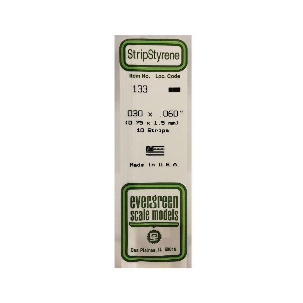 Evergreen 00133 Styrene Strips 0.030 x 0.060 x 14in / 0.76mm x 1.5mm x 36cm - 10