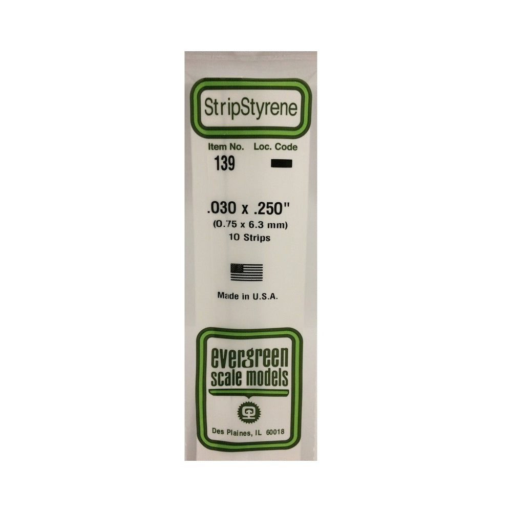 Evergreen 00139 Styrene Strips 0.030 x 0.250 x 14in / 0.76mm x 6.4mm x 36cm - 10