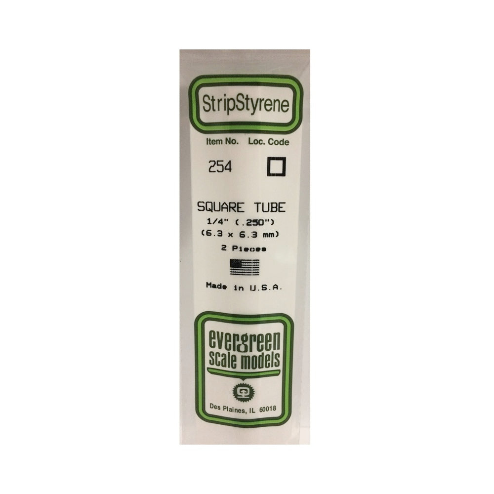 Evergreen 00254 Styrene Square Tube 0.250 x 14in / 6.4mm x 36cm 2pc