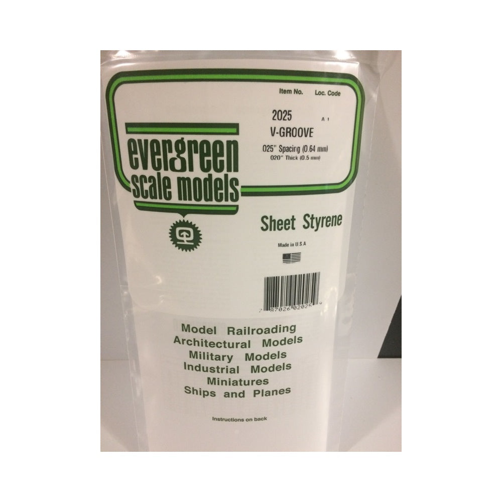 Evergreen 02025 Styrene V-Groove 0.025 x 6 x 12in / 0.64mm x 15cm x 30cm - 1