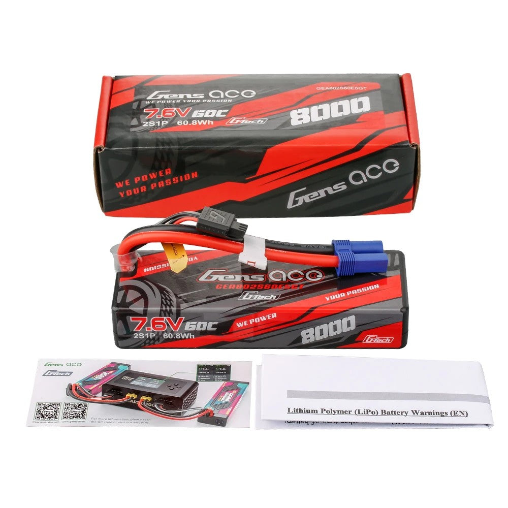 Gens Ace 2S 8000mAh 60C 7.6V Hardcase Hardwired LiPo Battery EC5