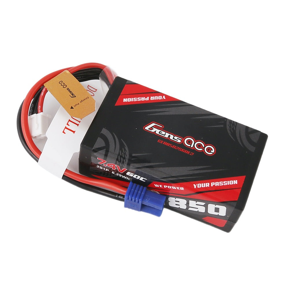 Gens Ace 7.4V 2S 850mAh 60C Hardcase/Hardwired Lipo Battery (EC2)