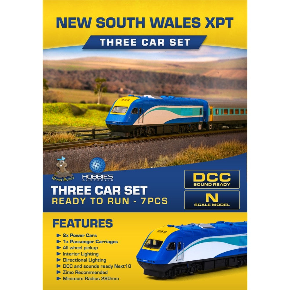 Gopher Models N Scale New South Wales XPT 3pc Set Trainlink Blue No Logo Livery