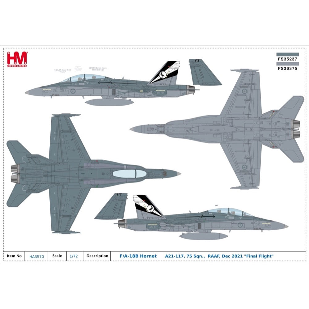 Hobby Master HA3570 1/72 F/A-18B Hornet A21-117 75 SQN RAAF Dec 2021 Final Flight