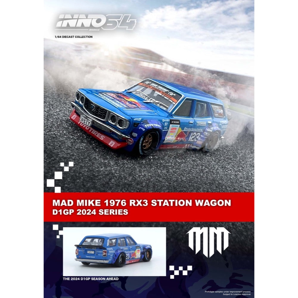 Inno 64-RX3P-D1GP24 1/64 Mad Mike 1976 Mazda RX3 Station Wagon D1GP 2024 Series