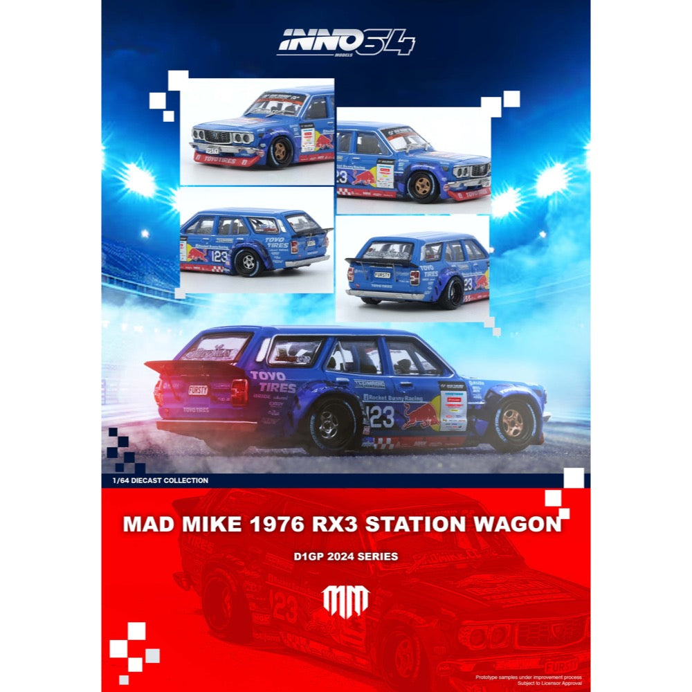 Inno 64-RX3P-D1GP24 1/64 Mad Mike 1976 Mazda RX3 Station Wagon D1GP 2024 Series