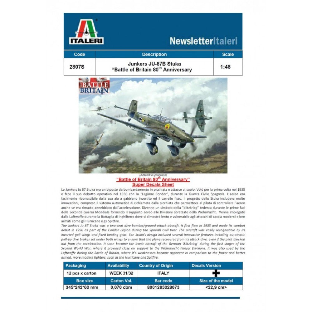 Italeri 2807 1/48 Ju-87B Stuka Super Decals Battle of Britain 80th Anniversary