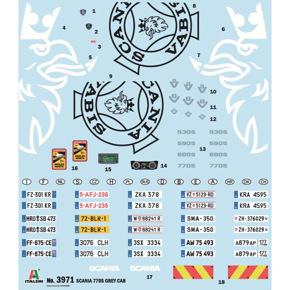 Italeri 3971S 1/24 Scania S770 4x2 Normal Roof Grey Cab (Super Decal Sheet)