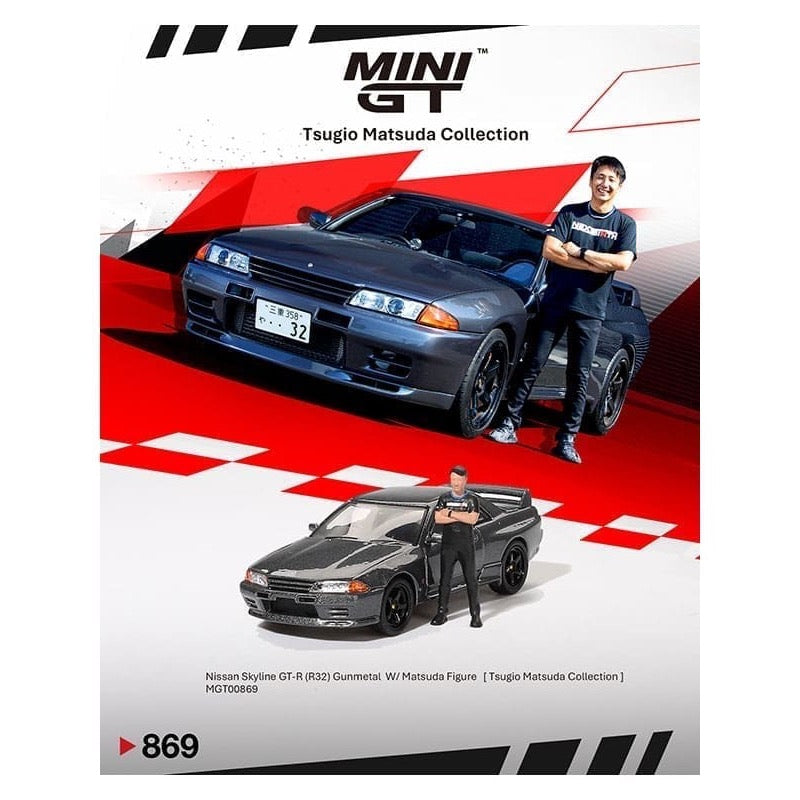 Mini GT 1/64 Nissan Skyline GT-R (R32) Nismo Gunmetal W/ Matsuda Figure Tsugio Matsuda Collection