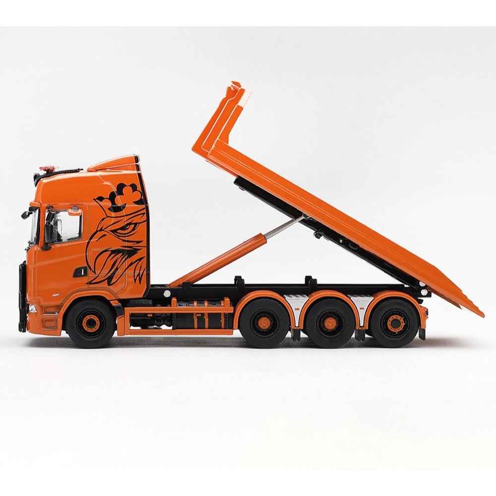 Mini GT 1/64 Scania 770S B8x4NA Hooklift Flatbed Orange