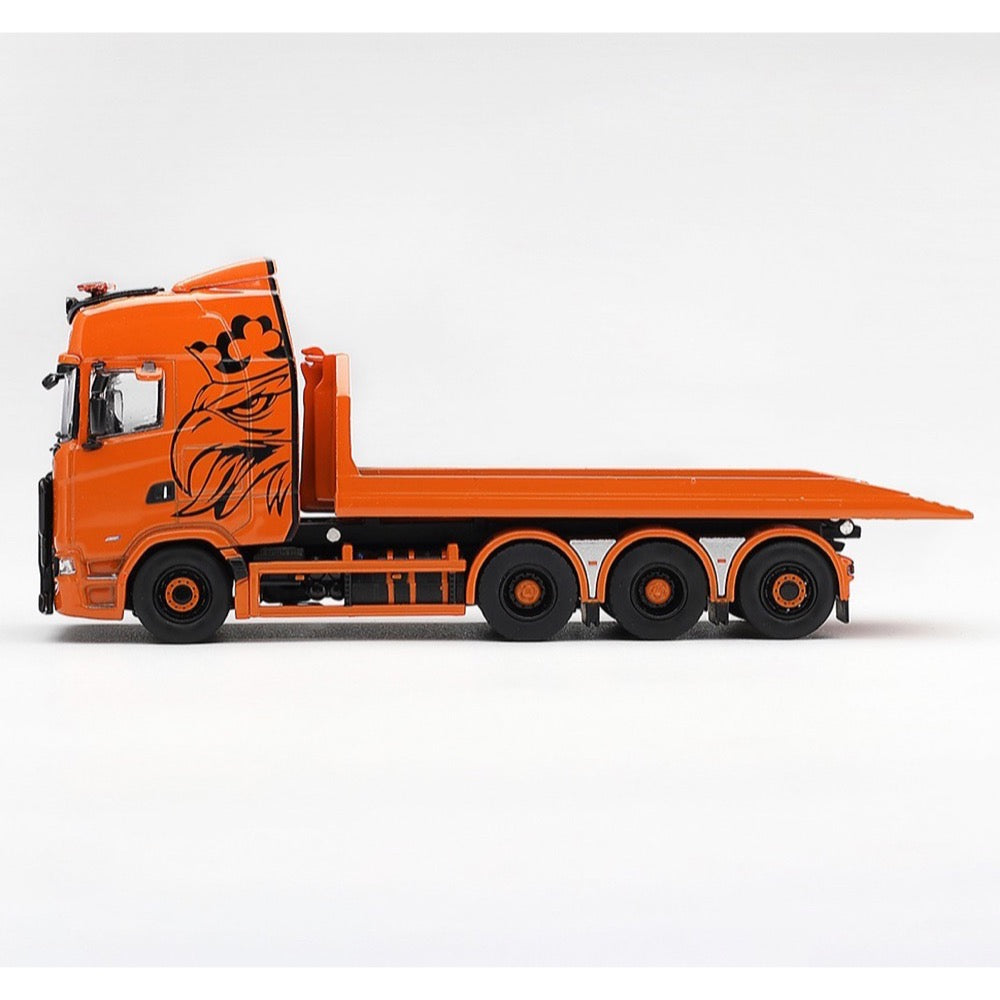 Mini GT 1/64 Scania 770S B8x4NA Hooklift Flatbed Orange