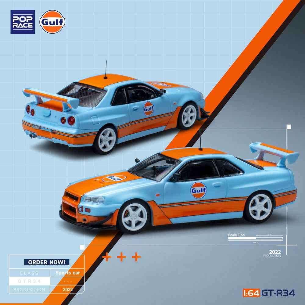 Pop Race 64-NR34-GULF 1/64 Nissan Skyline GTR R34 Gulf Oil Livery