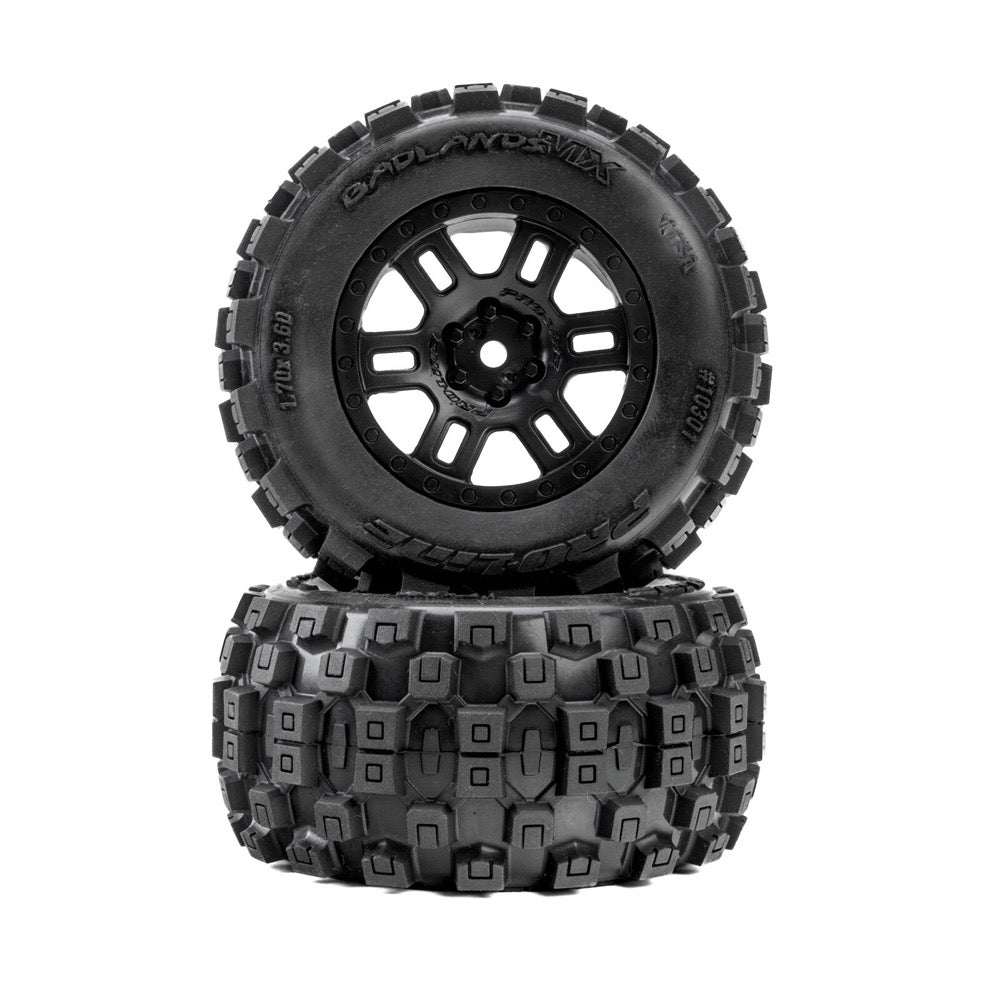 Pro-Line Badlands F/R Tyres Mounted on Black Split Six Wheels 2pcs Arrma Mini Kraton