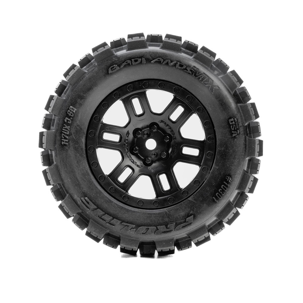 Pro-Line Badlands F/R Tyres Mounted on Black Split Six Wheels 2pcs Arrma Mini Kraton