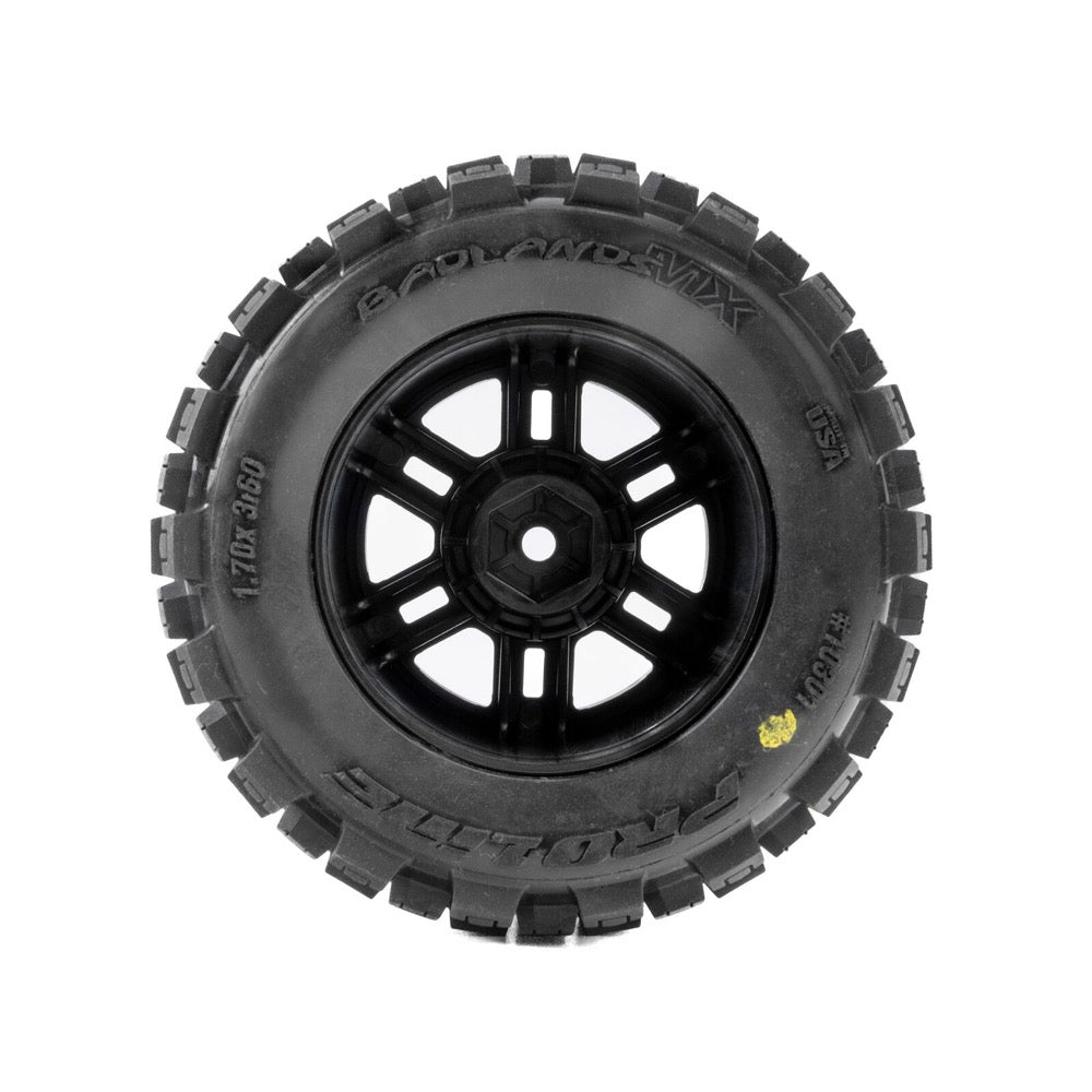 Pro-Line Badlands F/R Tyres Mounted on Black Split Six Wheels 2pcs Arrma Mini Kraton