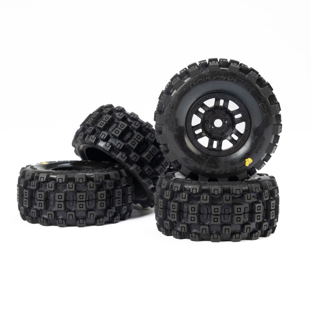 Pro-Line Badlands MX Tyres Mounted on Black Split Six Wheels 4pcs Arrma Mojave Grom