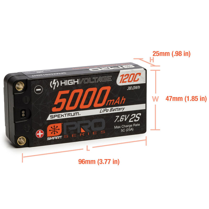 Spektrum SPMX52S120HT 5000mAh 2S 7.6V 120c Smart Pro Race HV LiPo with 5mm Bullets