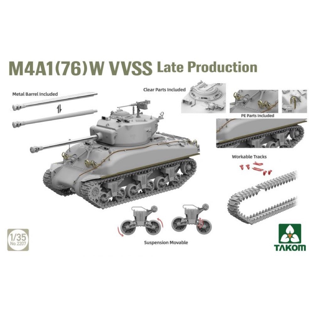Takom 1/35 Sherman 2 in 1 Box M4A1(76W) VVSS Late Production + M51 "Degem Alef" + US Army 1/4 Ton Utility Truck & MP Figure Model Kit