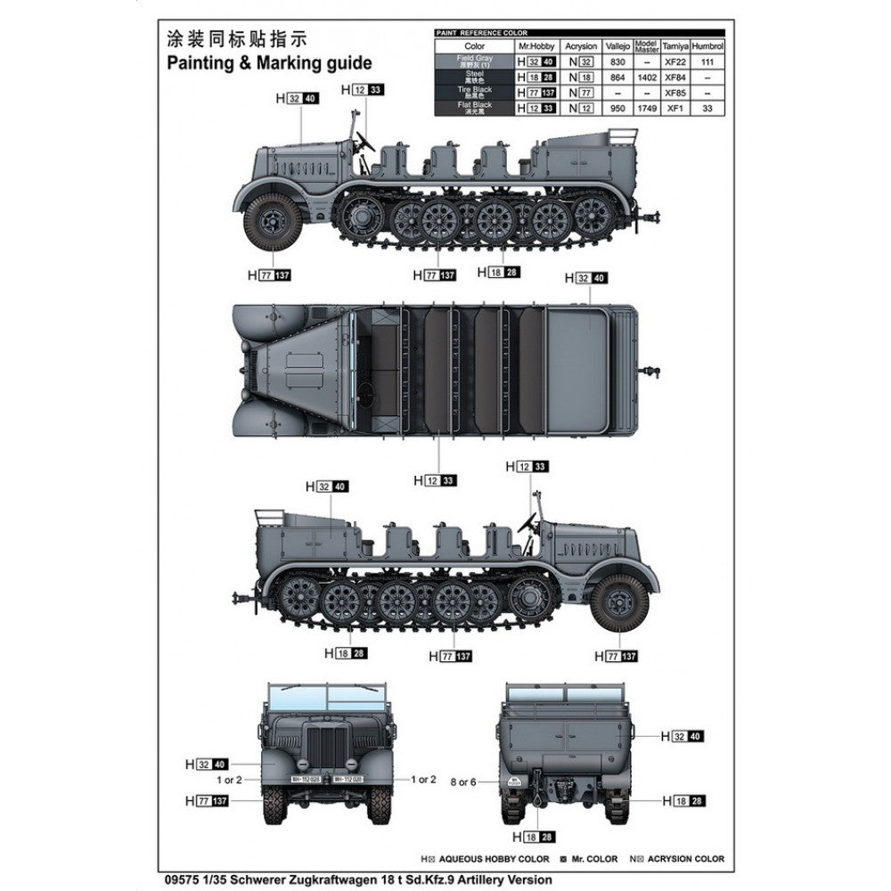 Trumpeter 09575 1/35 Schwerer Zugkraftwagen 18 t Sd.Kfz.9 Artillery Version 9580208095752