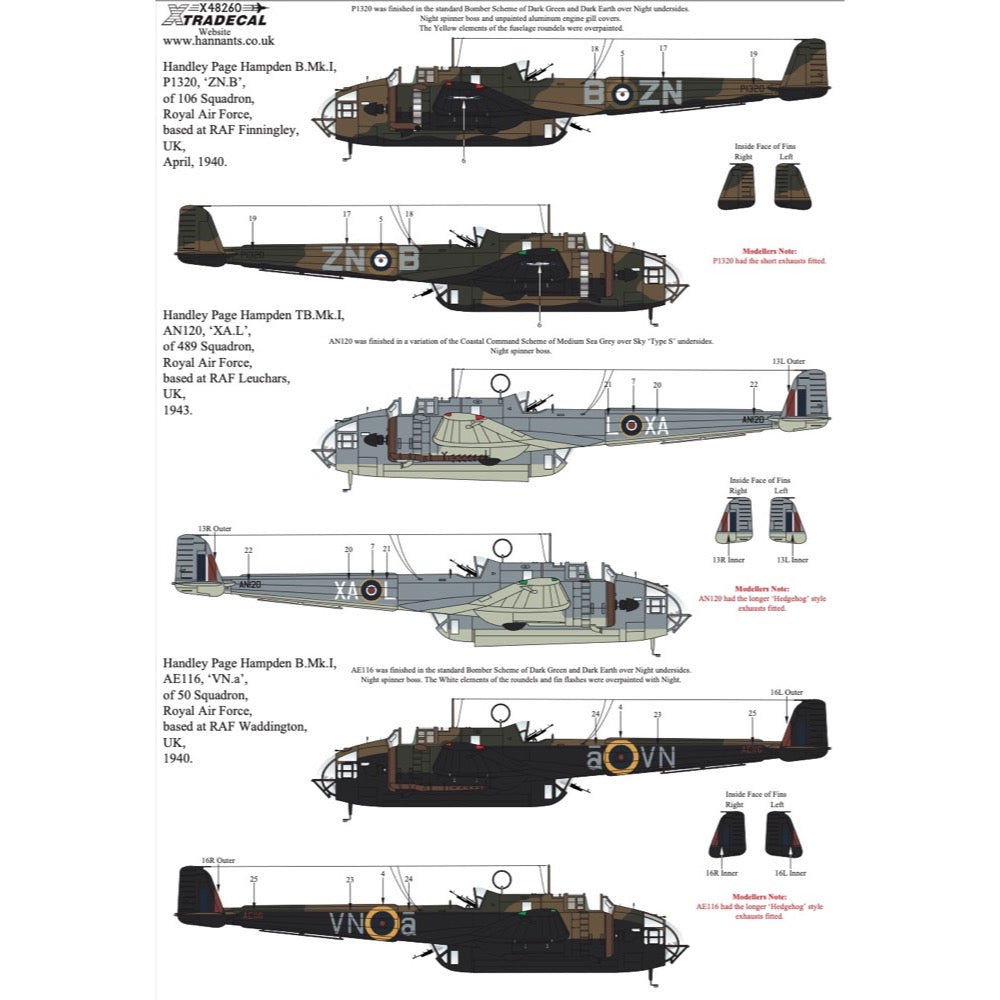 Xtradecal 48260 1/48 Handley-Page Hampden Collection Decals