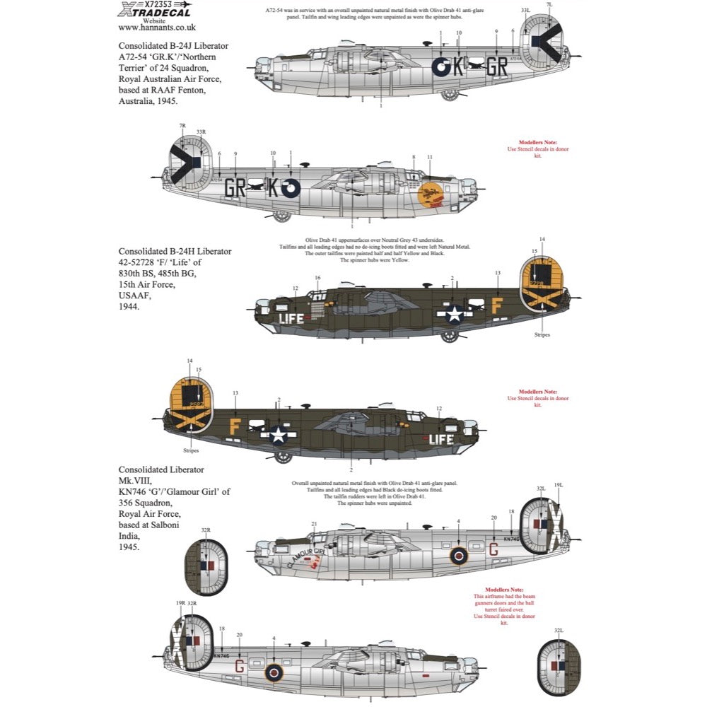 Xtradecal 72353 1/72 Late War Consolidated B-24 Liberator Collection Pt2 Decal Set