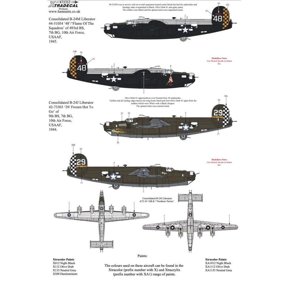 Xtradecal 72353 1/72 Late War Consolidated B-24 Liberator Collection Pt2 Decal Set