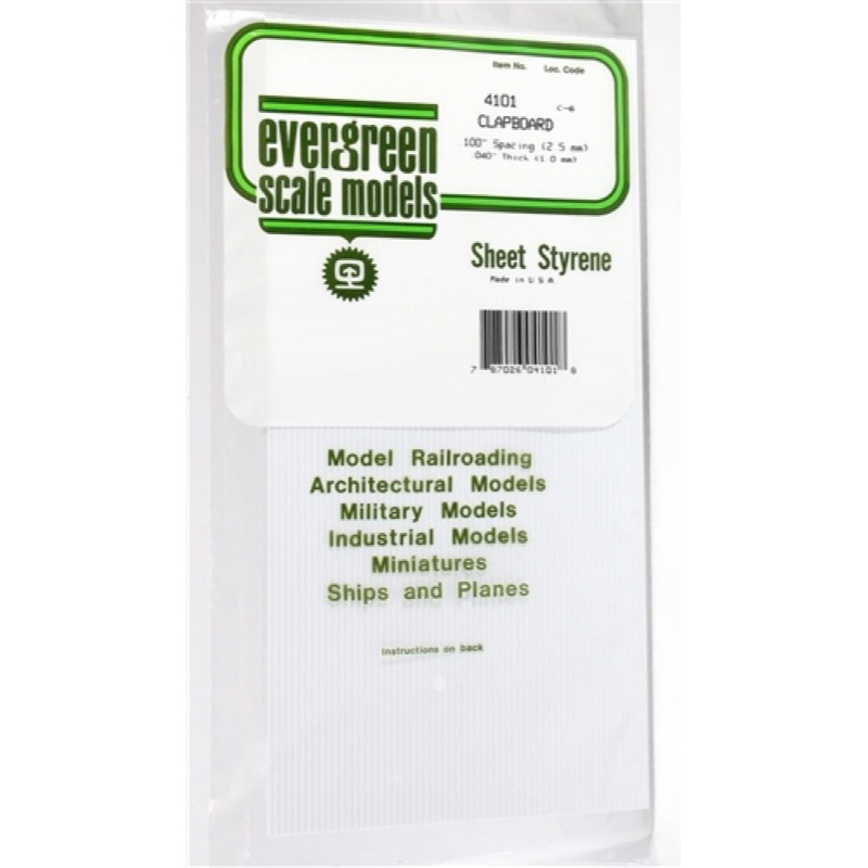 Evergreen 04101 Styrene Clapboard Spacing 0.100 x 6 x 12in / 2.5mm x 15cm x 30cm 1pc