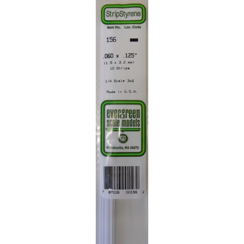 Evergreen 00156 Styrene Strips 0.060 x 0.125 x 14in / 1.5mm x 3.2mm x 36cm - 10