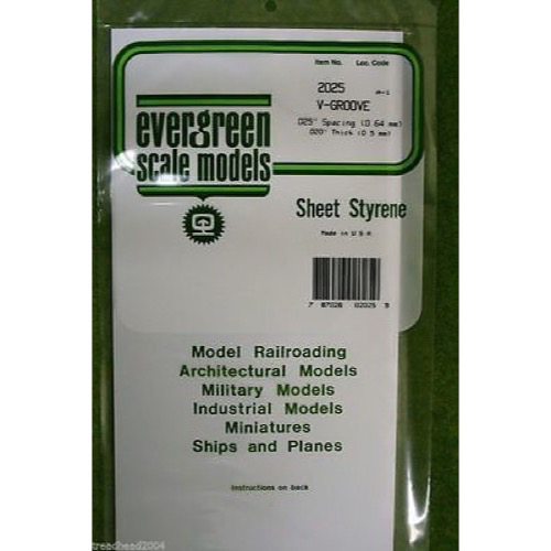 Evergreen 02025 Styrene V-Groove 0.025 x 6 x 12in / 0.64mm x 15cm x 30cm - 1